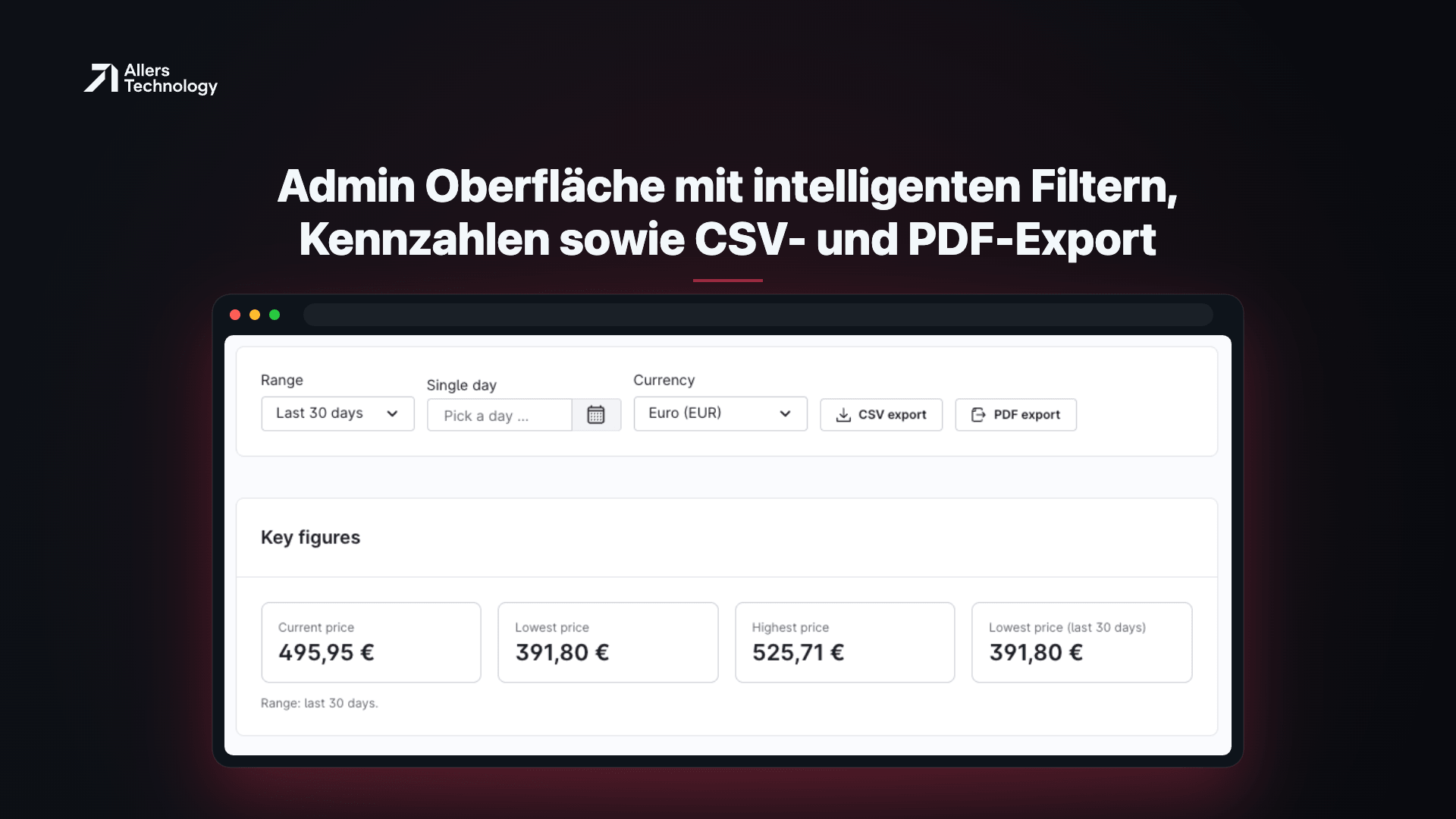 Admin-Oberfläche mit intelligenten Filtern, Kennzahlen sowie CSV- und PDF-Export