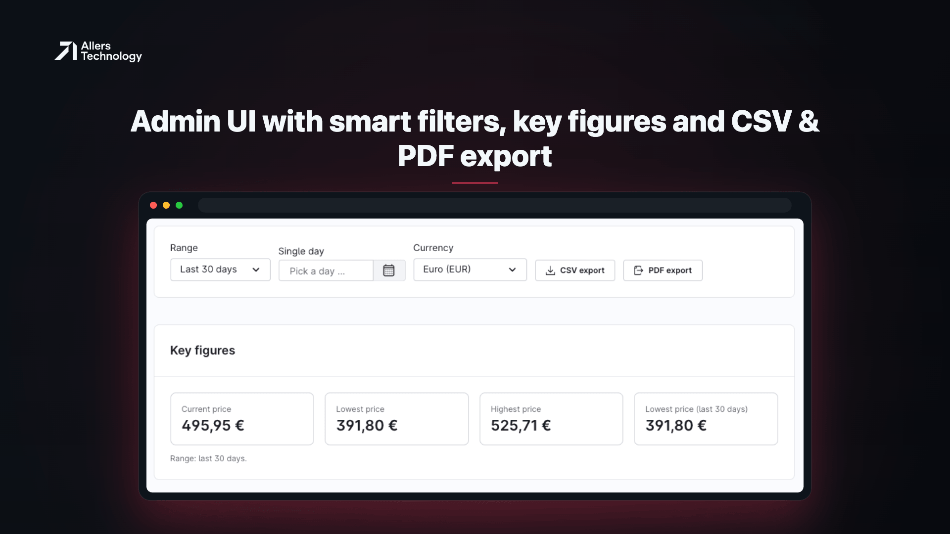 Admin UI with smart filters, key figures and CSV & PDF export